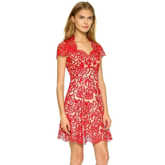Marchesa Notte Red Beige Lace Cocktail Dress $795